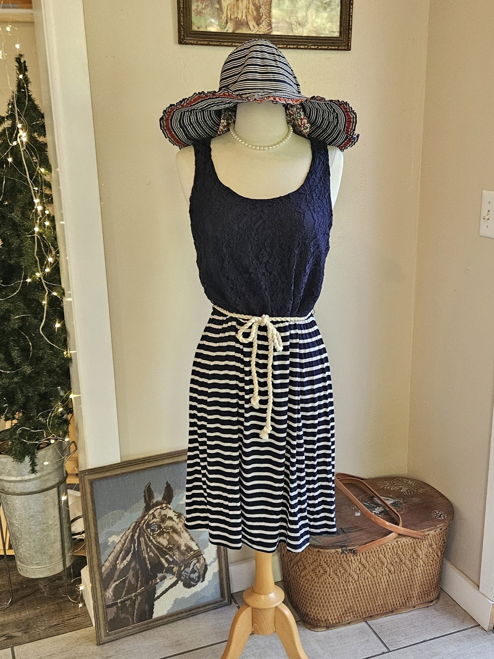 Charming Charlie Navy Lace Top Striped Rope-Waist Dress